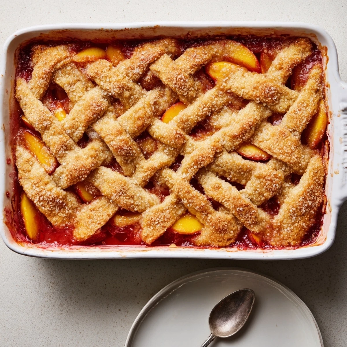 Classic peach cobbler topped with buttery pastry baked until golden and crisp