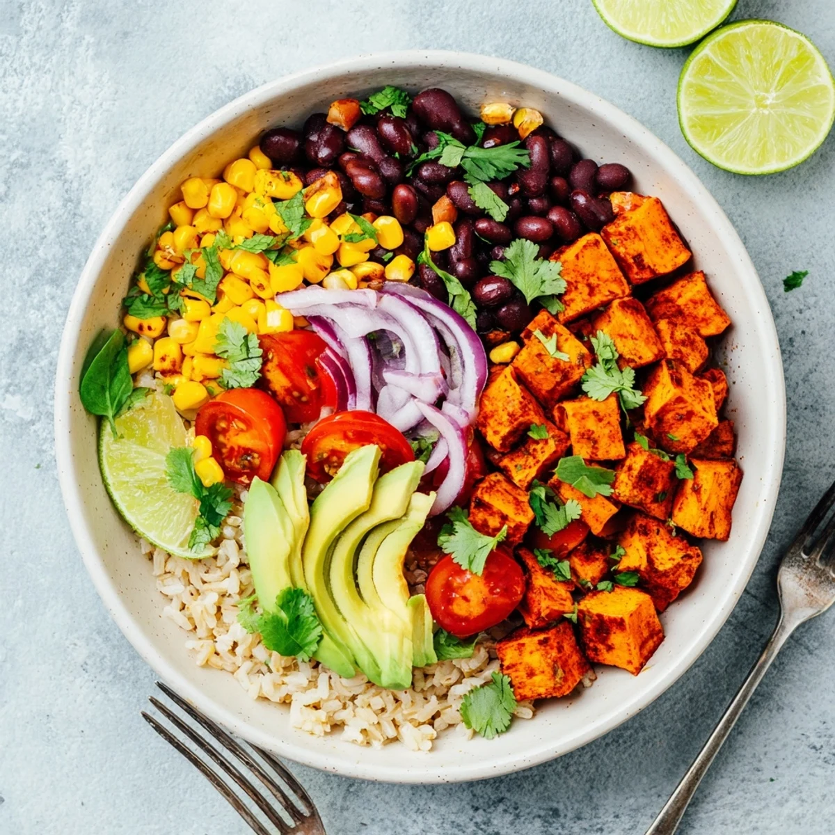 Colorful vegan sweet potato burrito bowl topped with avocado, black beans, and fresh cilantro
