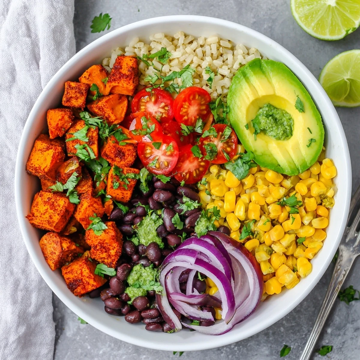 Roasted sweet potato burrito bowl featuring zesty lime rice, corn, and creamy sliced avocado