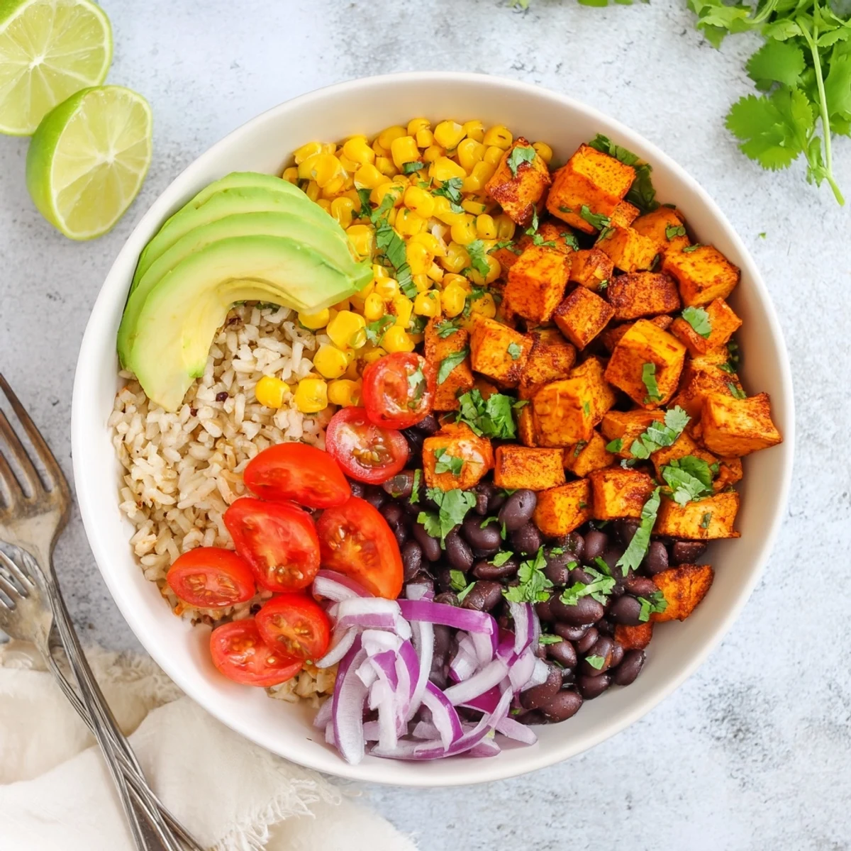 Hearty vegan sweet potato burrito bowl with spiced black beans, tomatoes, and red onion