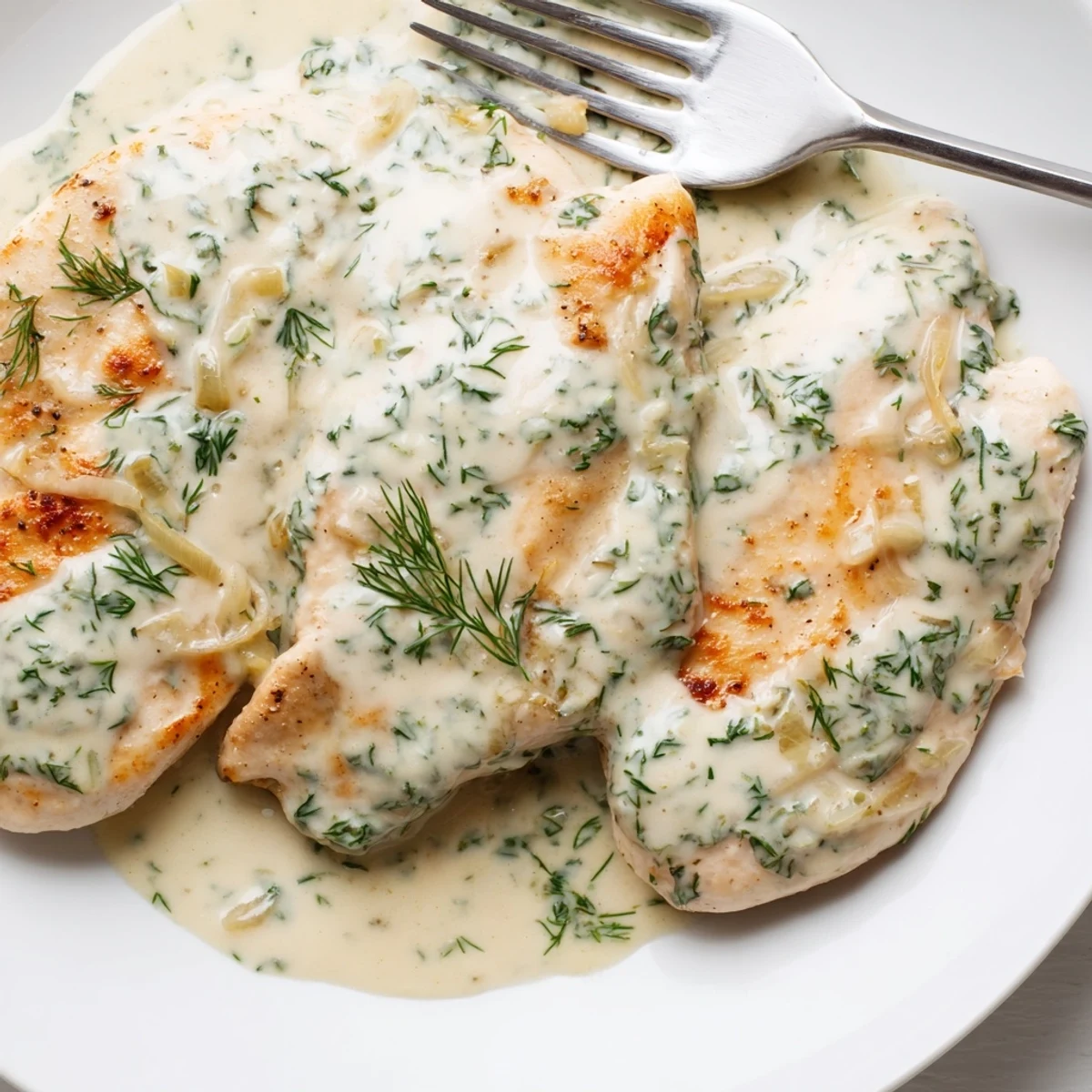 Golden brown chicken breasts swimming in a rich, creamy white dill sauce with fresh green herbs sprinkled on top