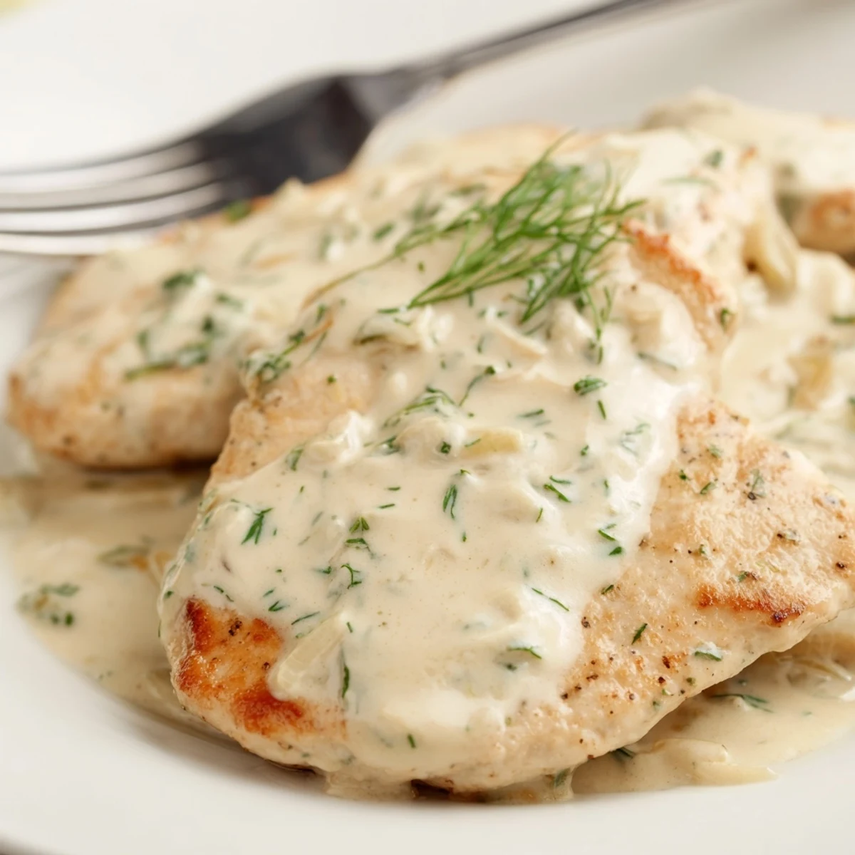 Tender pan-seared chicken plated in a velvety smooth dill cream sauce garnished with fragrant fresh dill sprigs