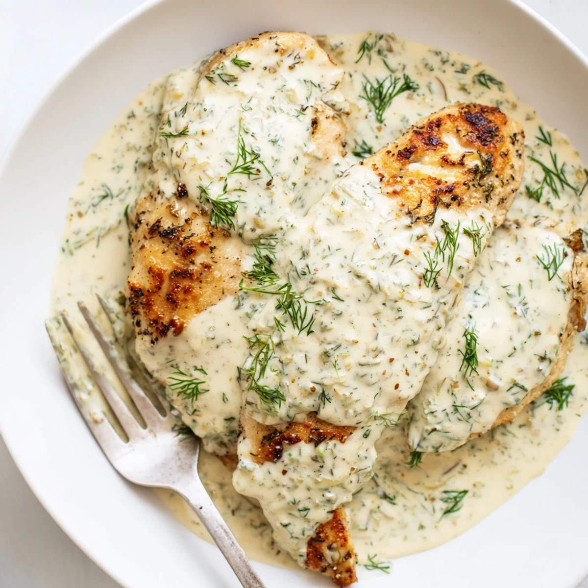 Creamy dill chicken served in a skillet with thick luscious sauce coating each tender juicy piece