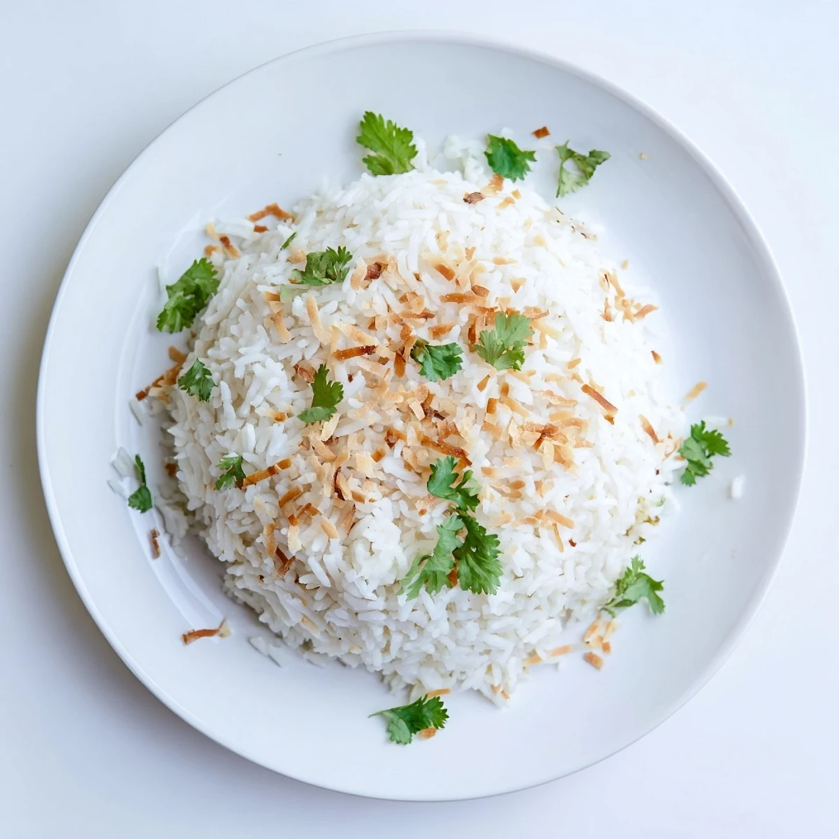 Fluffy coconut rice garnished with toasted coconut flakes and fresh cilantro in a serving bowl