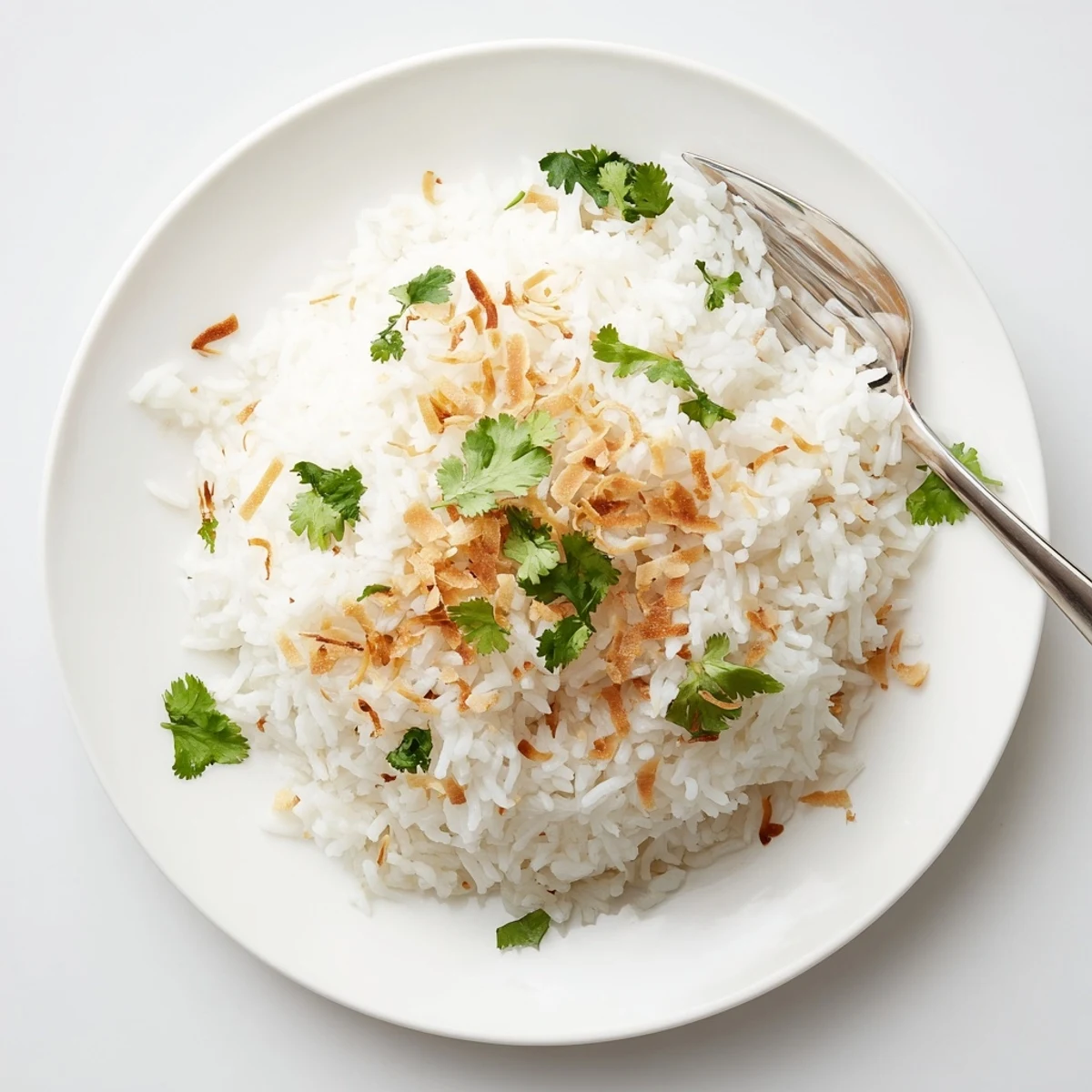 Steaming jasmine coconut rice in a white saucepan with rich coconut milk and water mixture