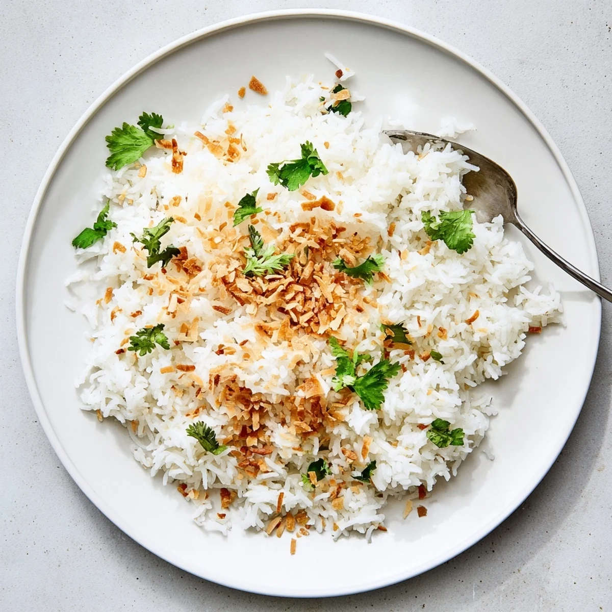 Perfectly cooked fluffy coconut rice speckled with green scallions beside a silver fork on a wooden table