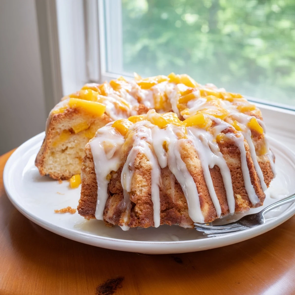 Golden peach cobbler pound cake drizzled with vanilla glaze and topped with fresh peach slices