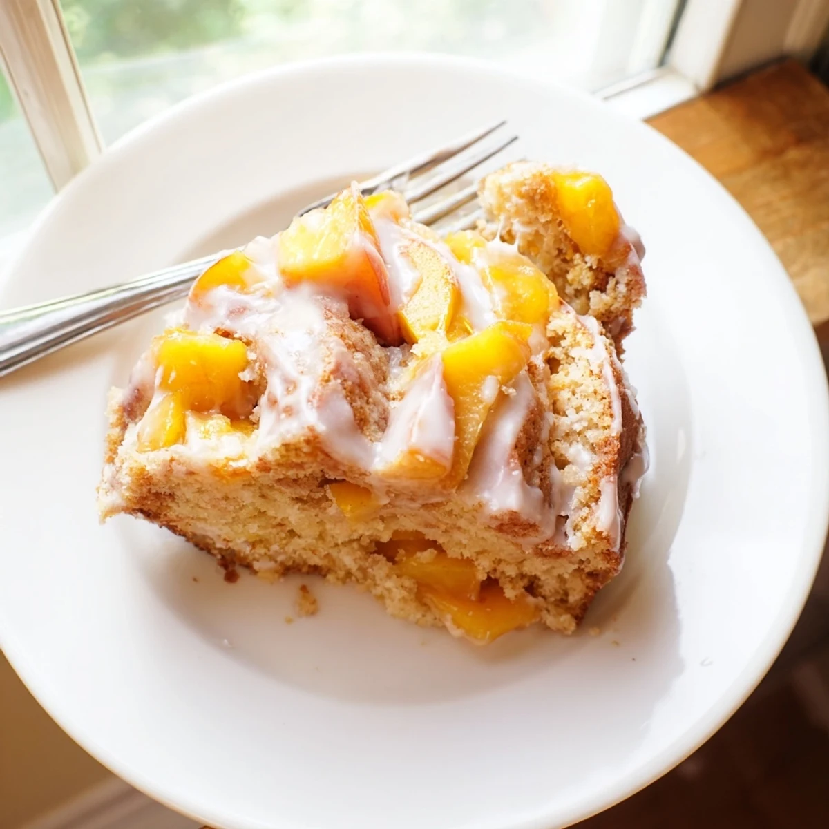 Rich buttery pound cake layered with spiced peaches and sweet vanilla icing on a white serving plate