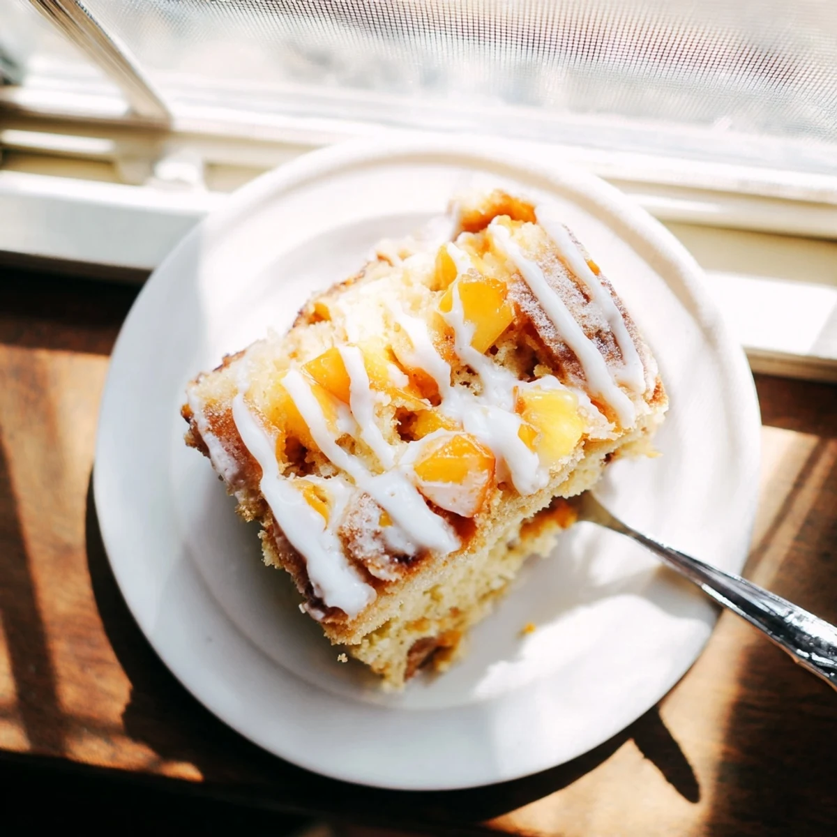 Slice of peach cobbler pound cake showing tender crumb with juicy peach pieces and cinnamon swirl