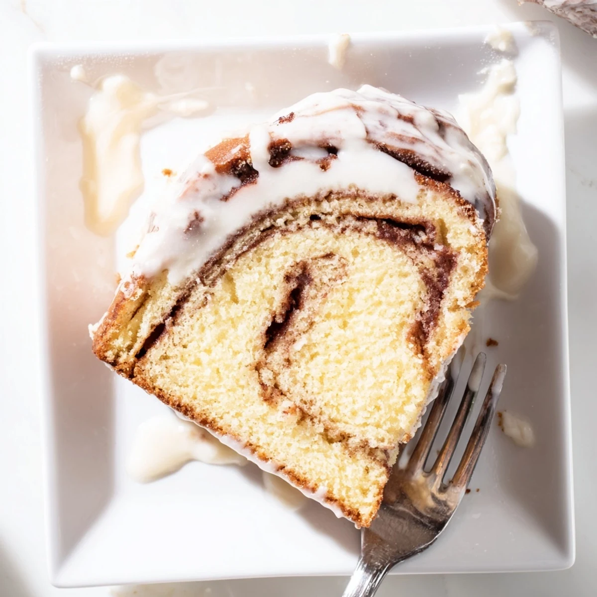 Warm swirled cinnamon roll cake slice showing buttery marbled cinnamon layers drizzled with sweet icing