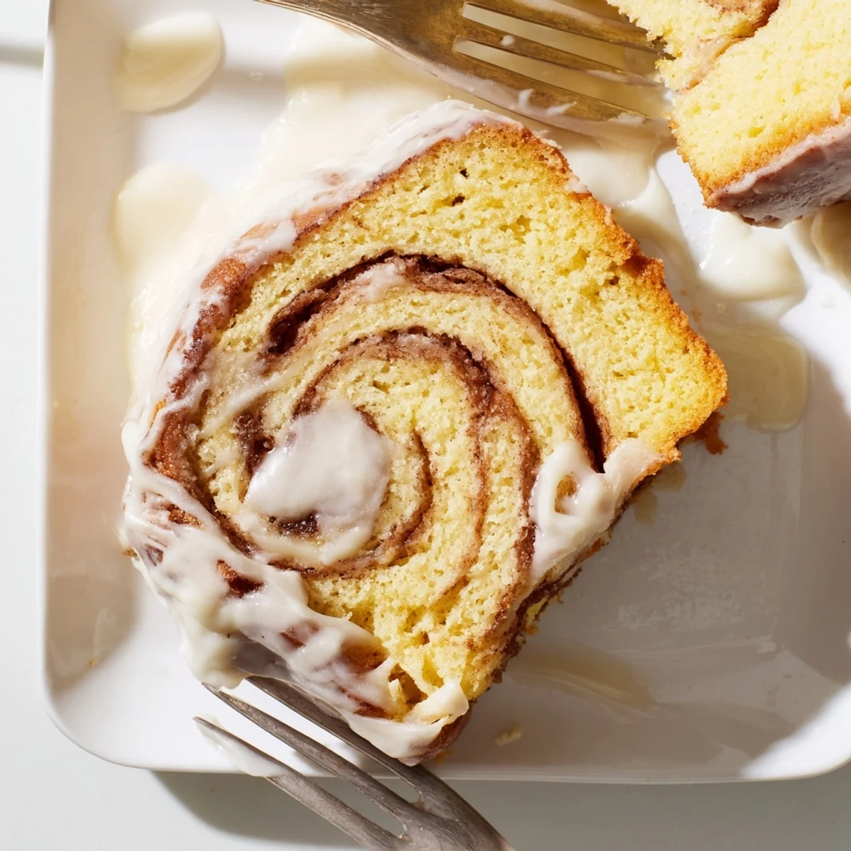 Golden cinnamon roll cake with spiraled cinnamon sugar ribbons topped with creamy white vanilla glaze