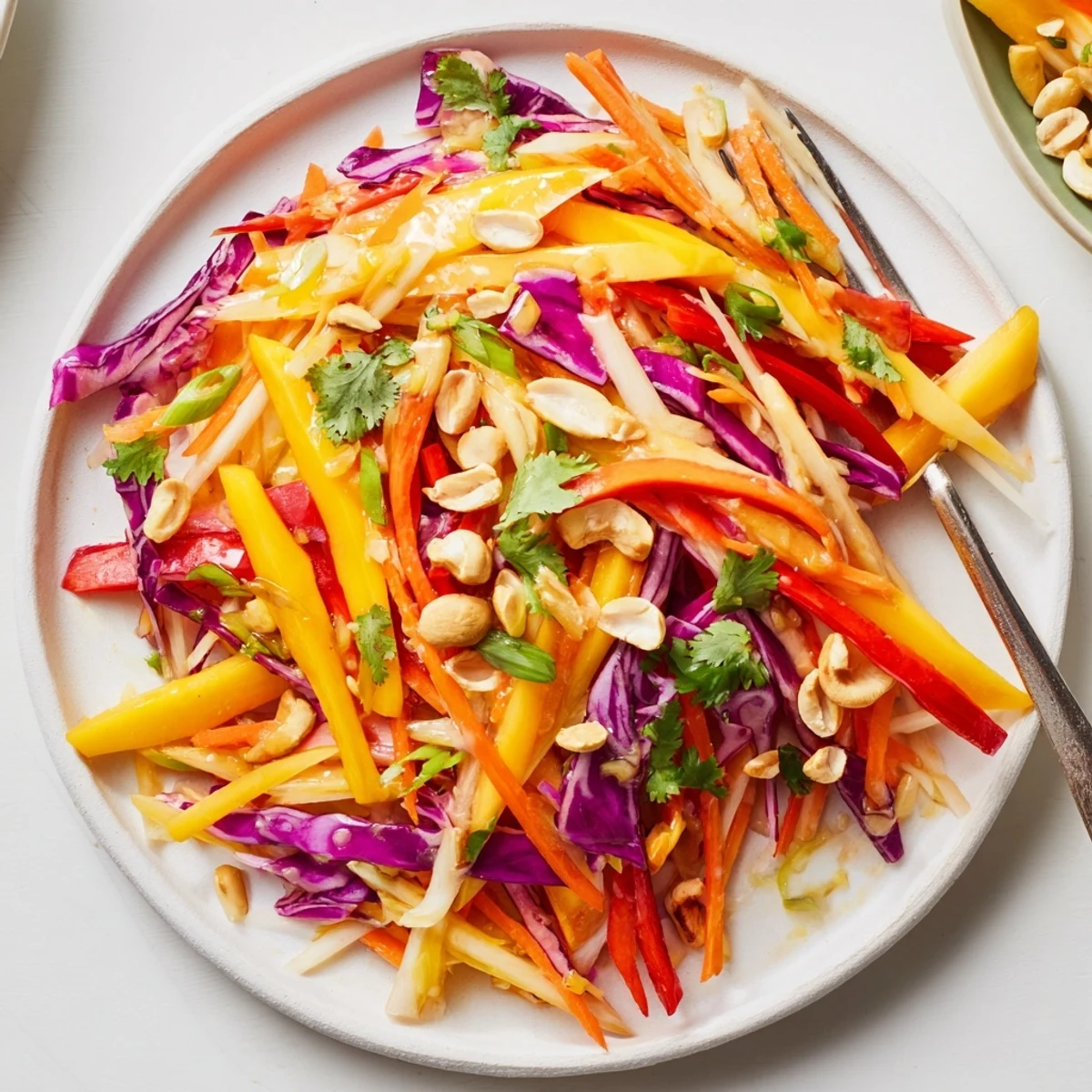 Fresh tropical mango slaw with julienned vegetables, cilantro, and tangy lime dressing served in glass bowl