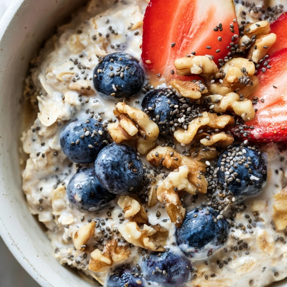 Creamy brown sugar overnight oats in a glass jar topped with fresh mixed berries and chia seeds