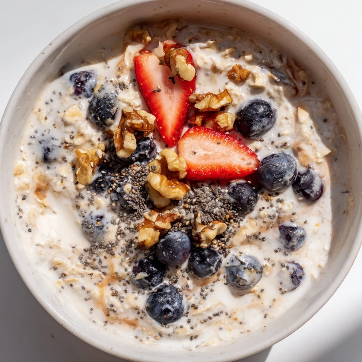 Brown sugar overnight oats layered with sliced banana and walnuts in a clear meal prep container