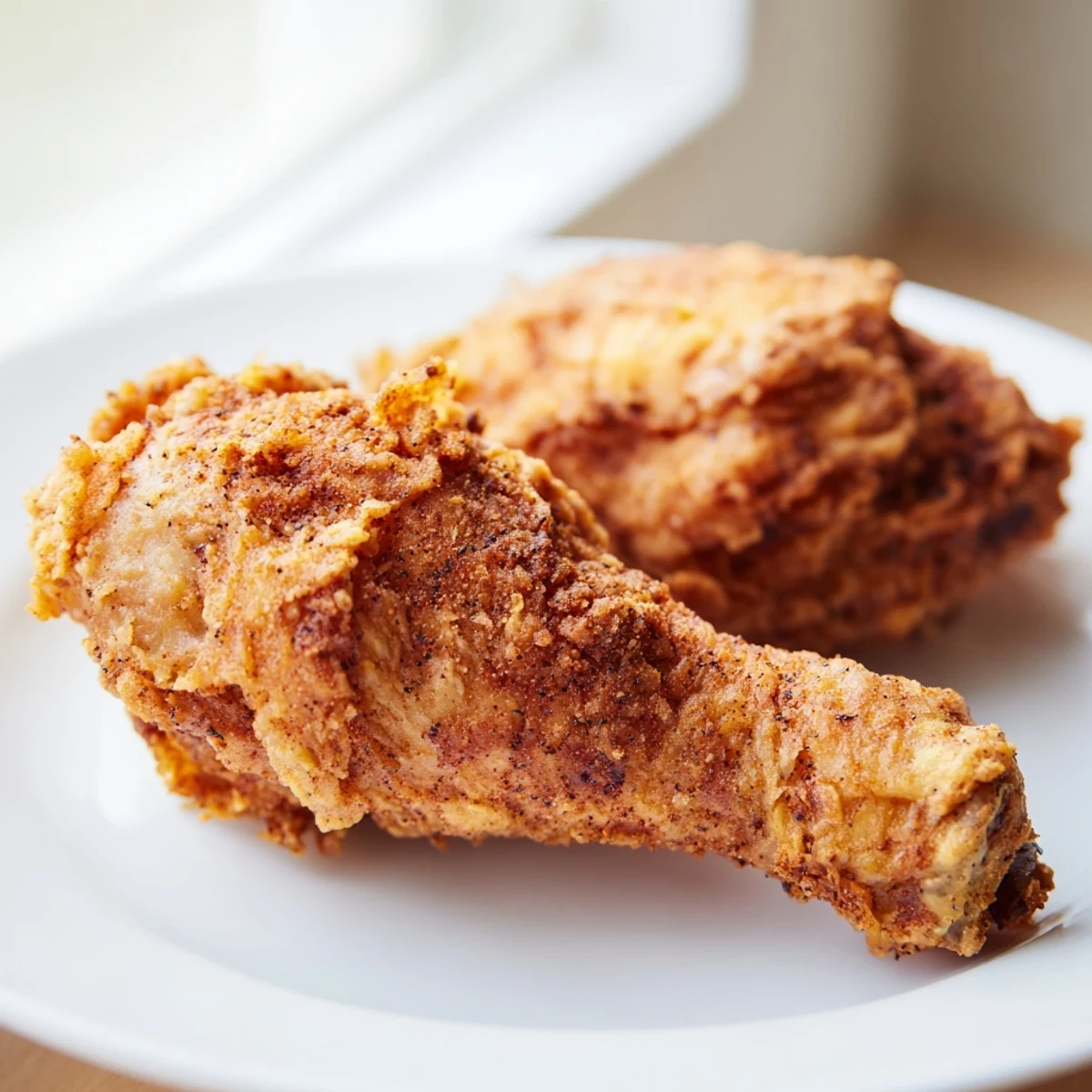 Golden brown Crispy Southern Fried Chicken pieces resting on a wire rack with glistening oil
