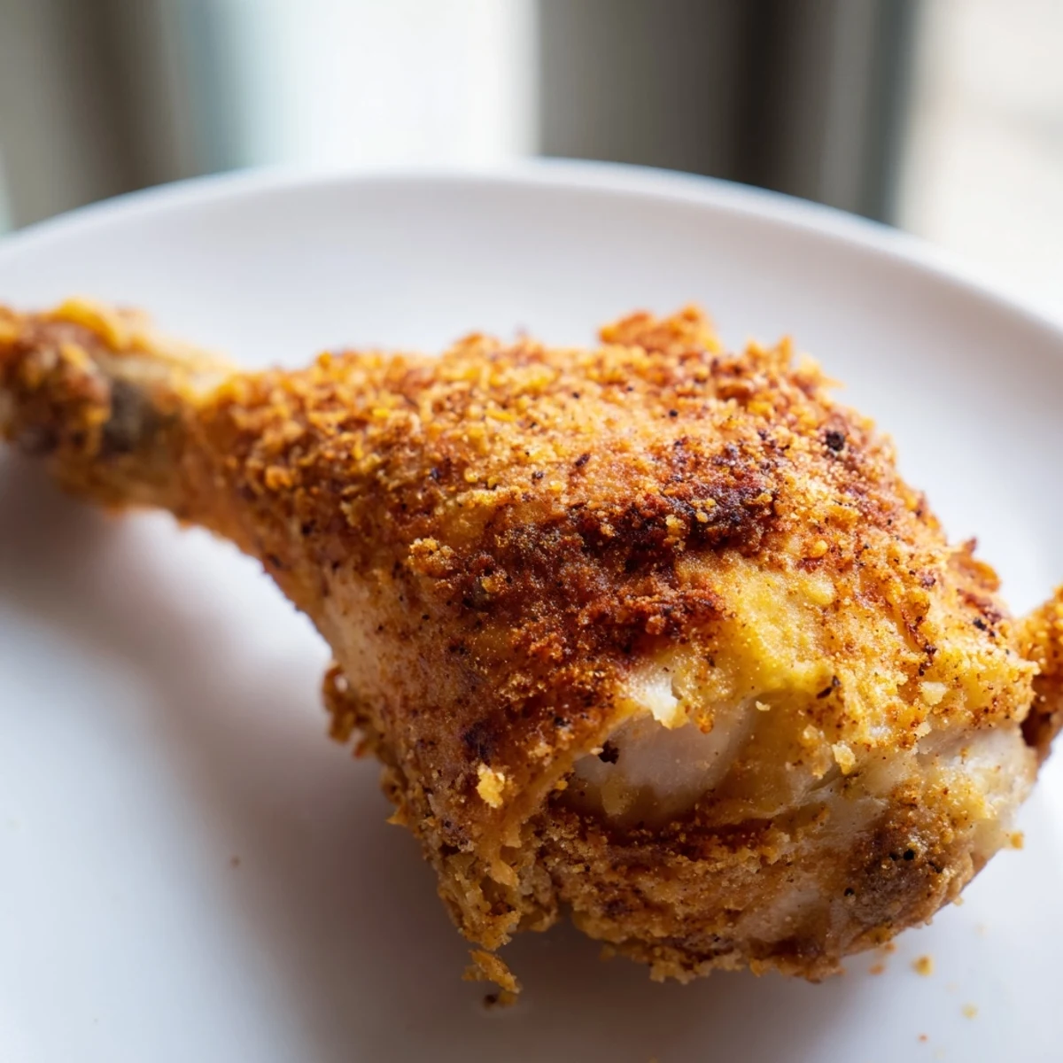 Juicy buttermilk marinated Crispy Southern Fried Chicken with crunchy seasoned flour coating on a white plate