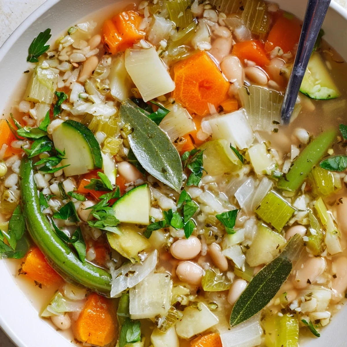 Rustic stone soup bowl filled with colorful vegetables, white beans, and pearl barley in rich broth