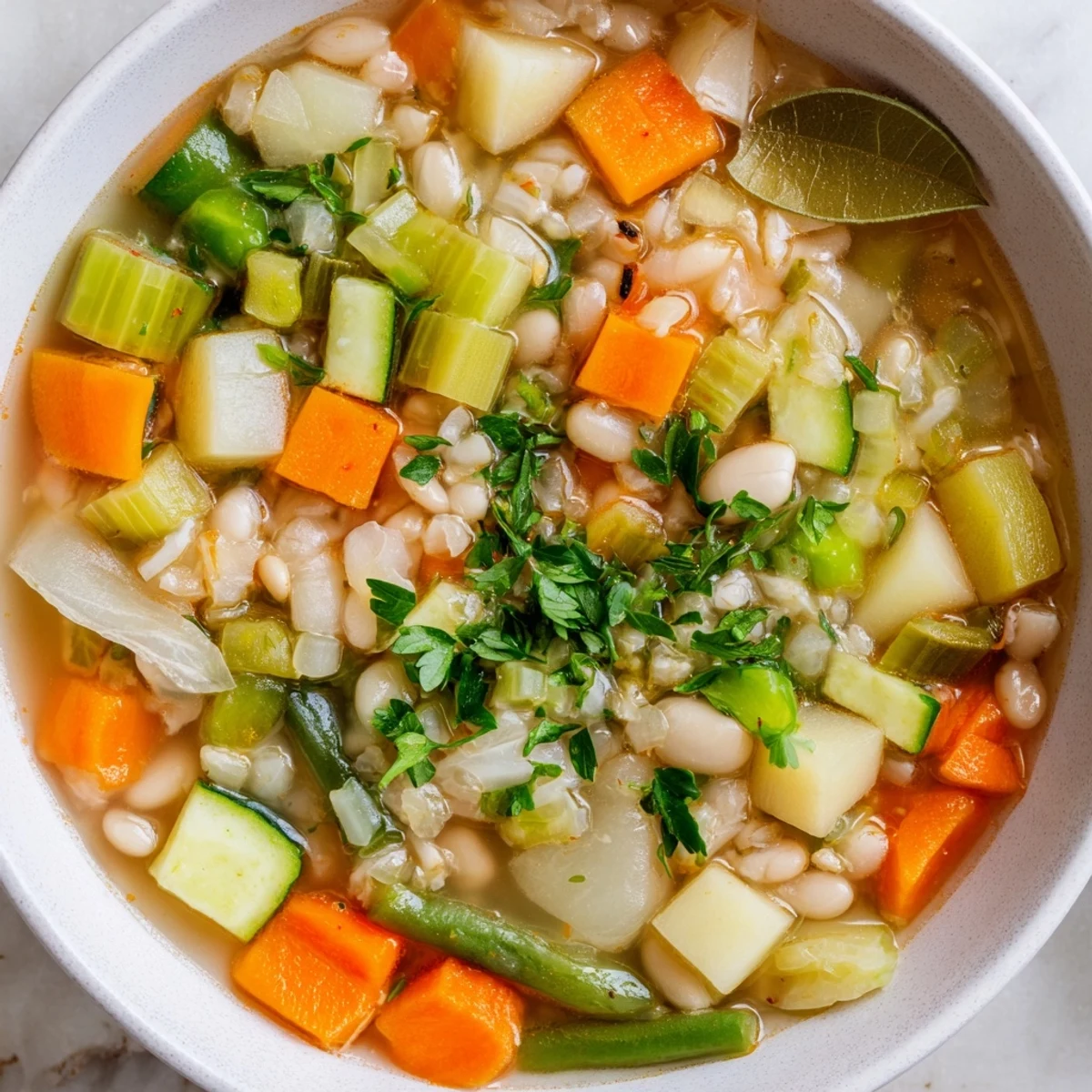 Hearty vegetable-packed stone soup simmering in a black pot with fresh parsley garnish on top