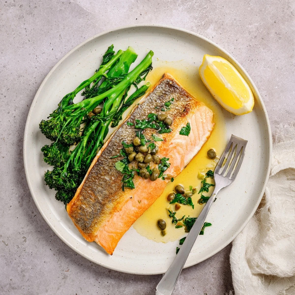 Golden crispy pan fried salmon with garlic butter sauce and fresh herbs on white plate