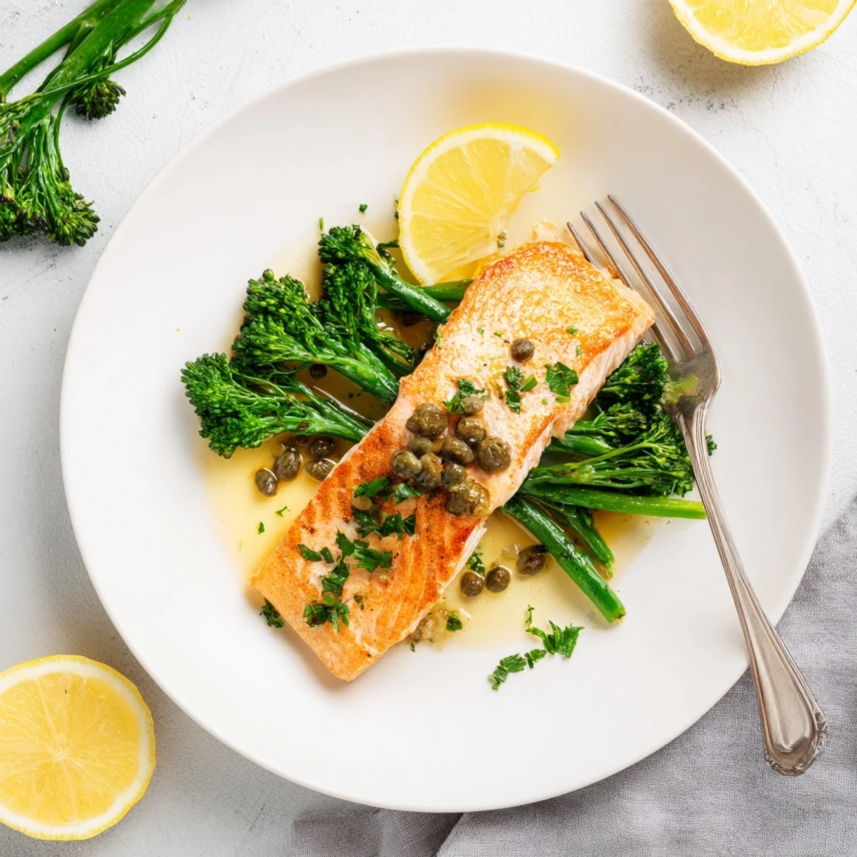 Gordon Ramsay pan fried salmon fillets served with tender asparagus and lemon wedges