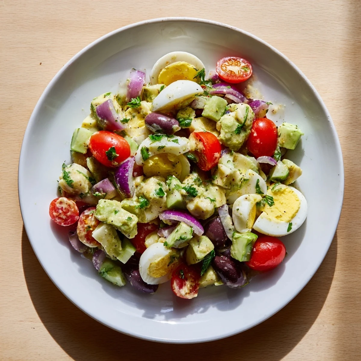 Vibrant egg salad with chunky avocado, diced vegetables, and aromatic herbs drizzled with olive oil and lemon