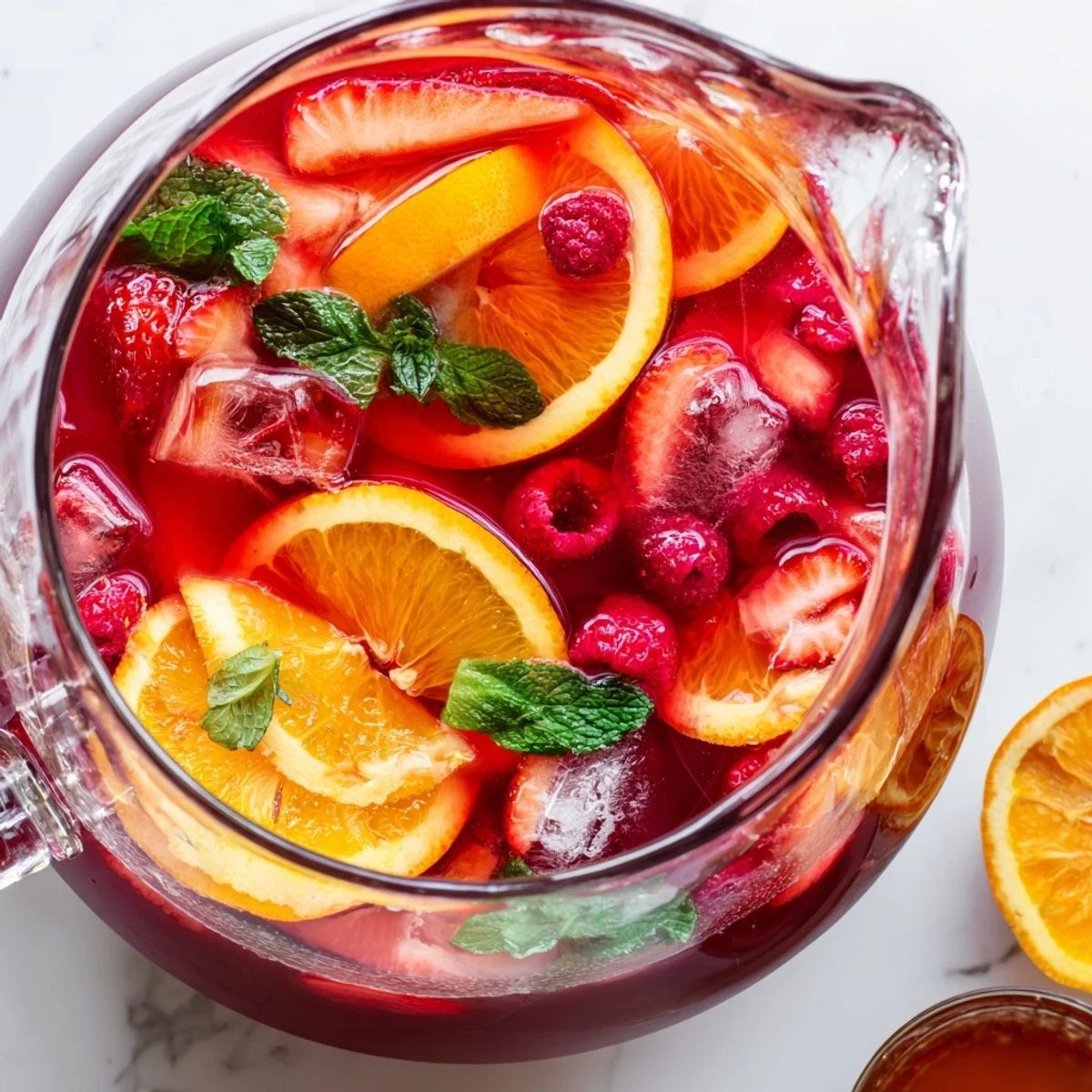 Vibrant pink Love Potion Punch served over ice with floating citrus wheels and ripe red berries