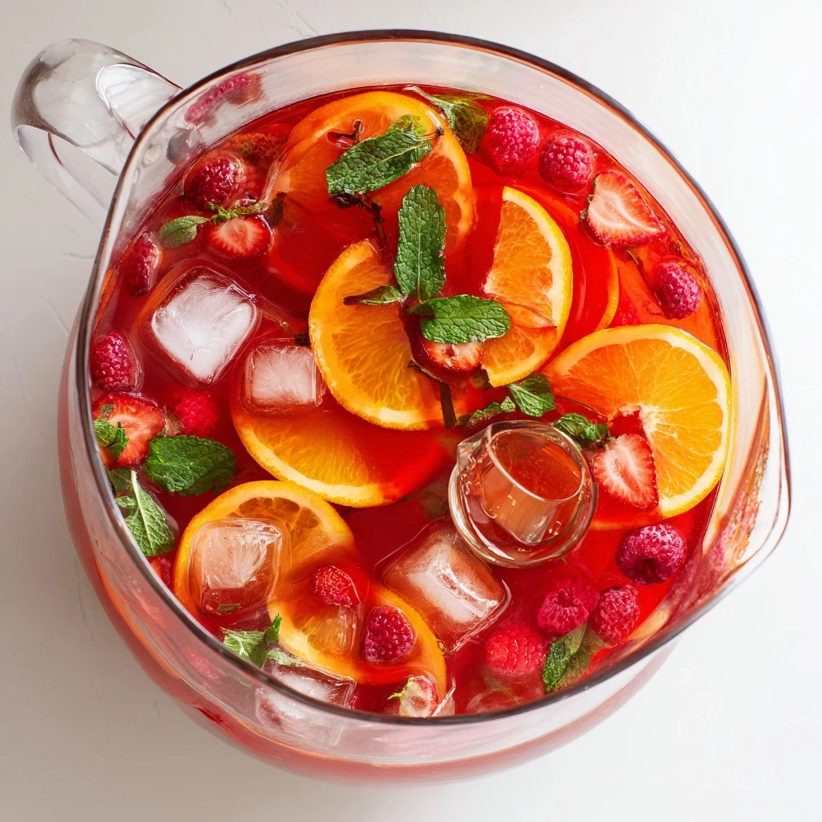 Refreshing Love Potion Punch in clear pitcher garnished with fresh strawberries, raspberries, orange slices, and mint