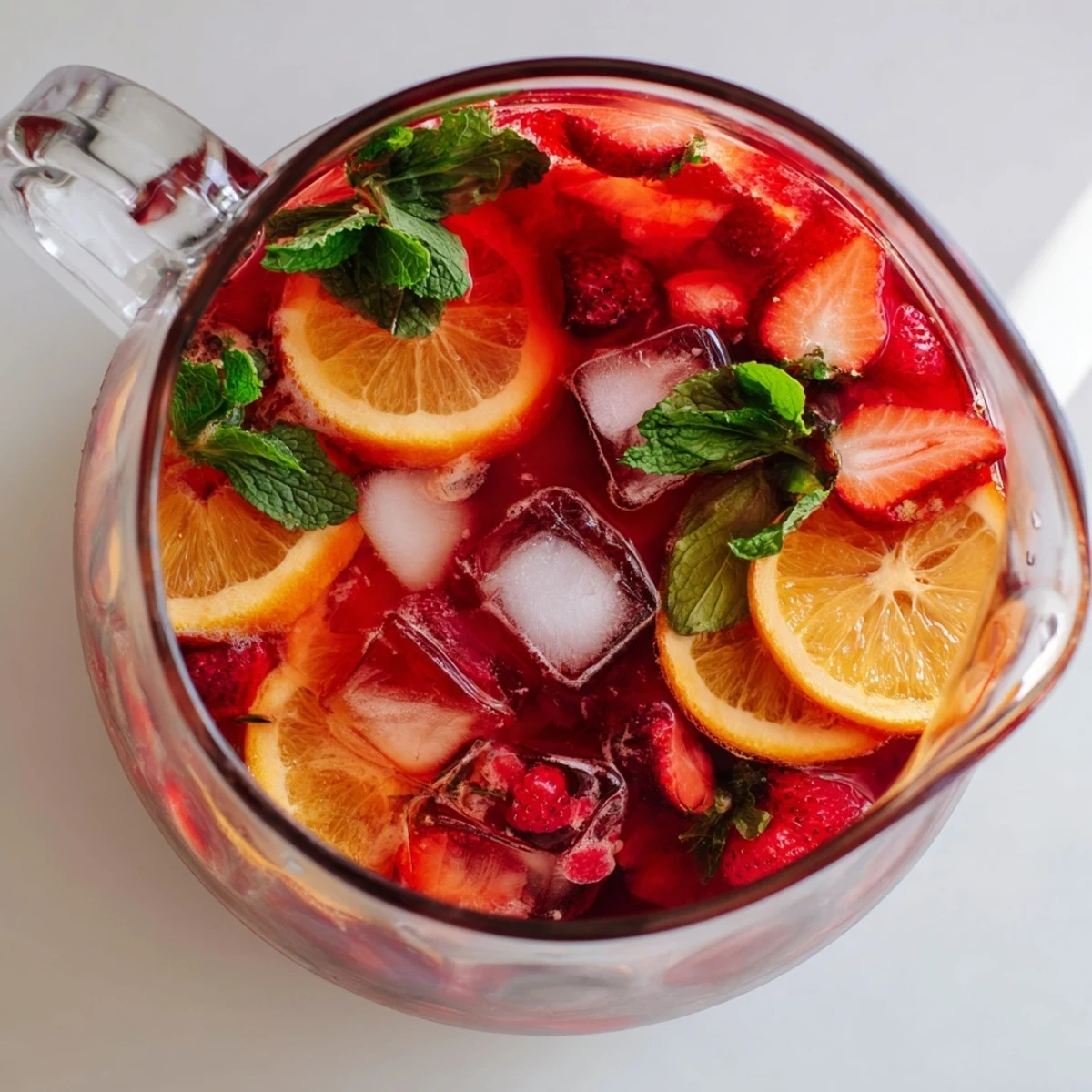 Glass of Love Potion Punch sparkling with pomegranate cranberry blend topped with mint sprig