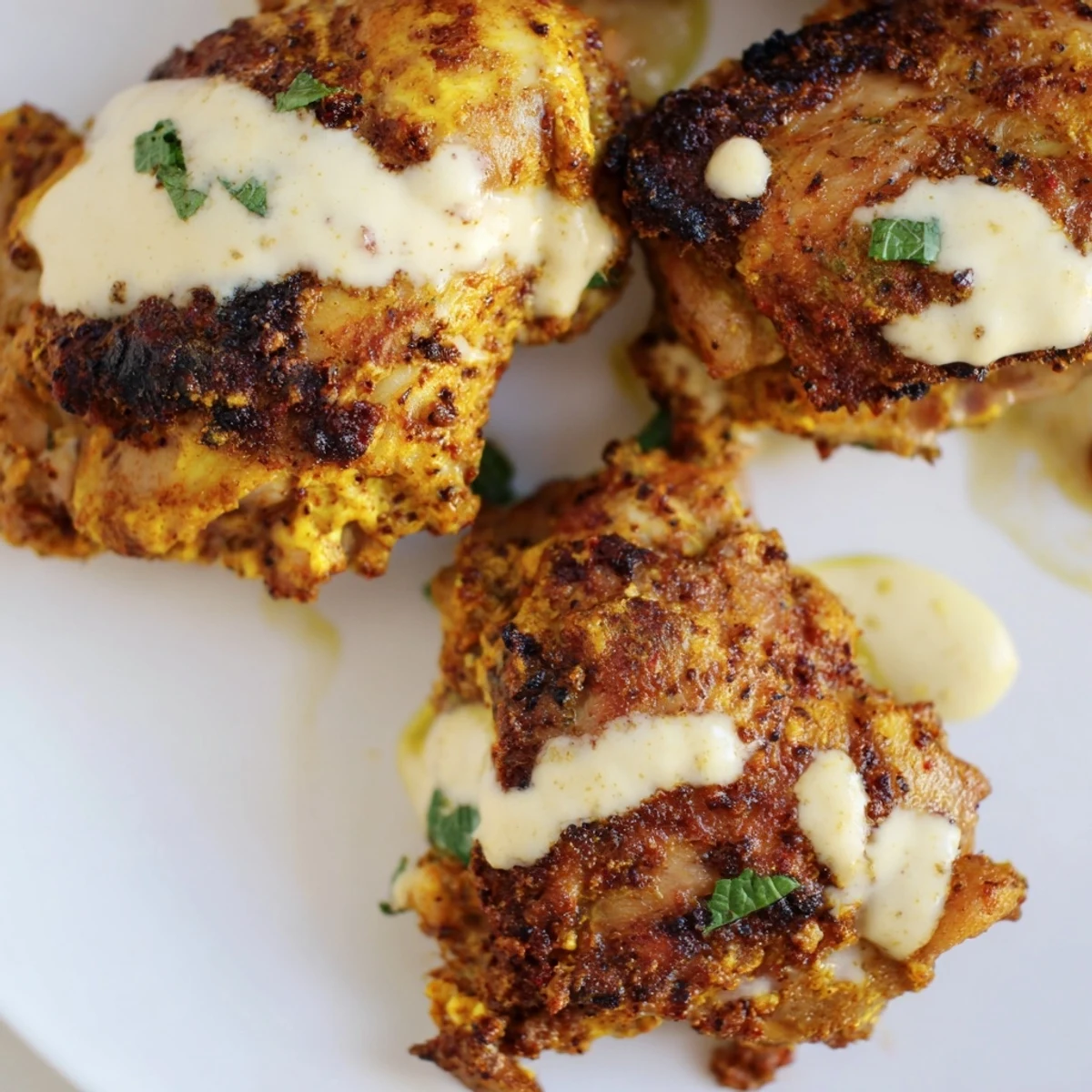 Golden roasted Lebanese chicken thighs garnished with fresh vegetables and creamy herby yogurt sauce