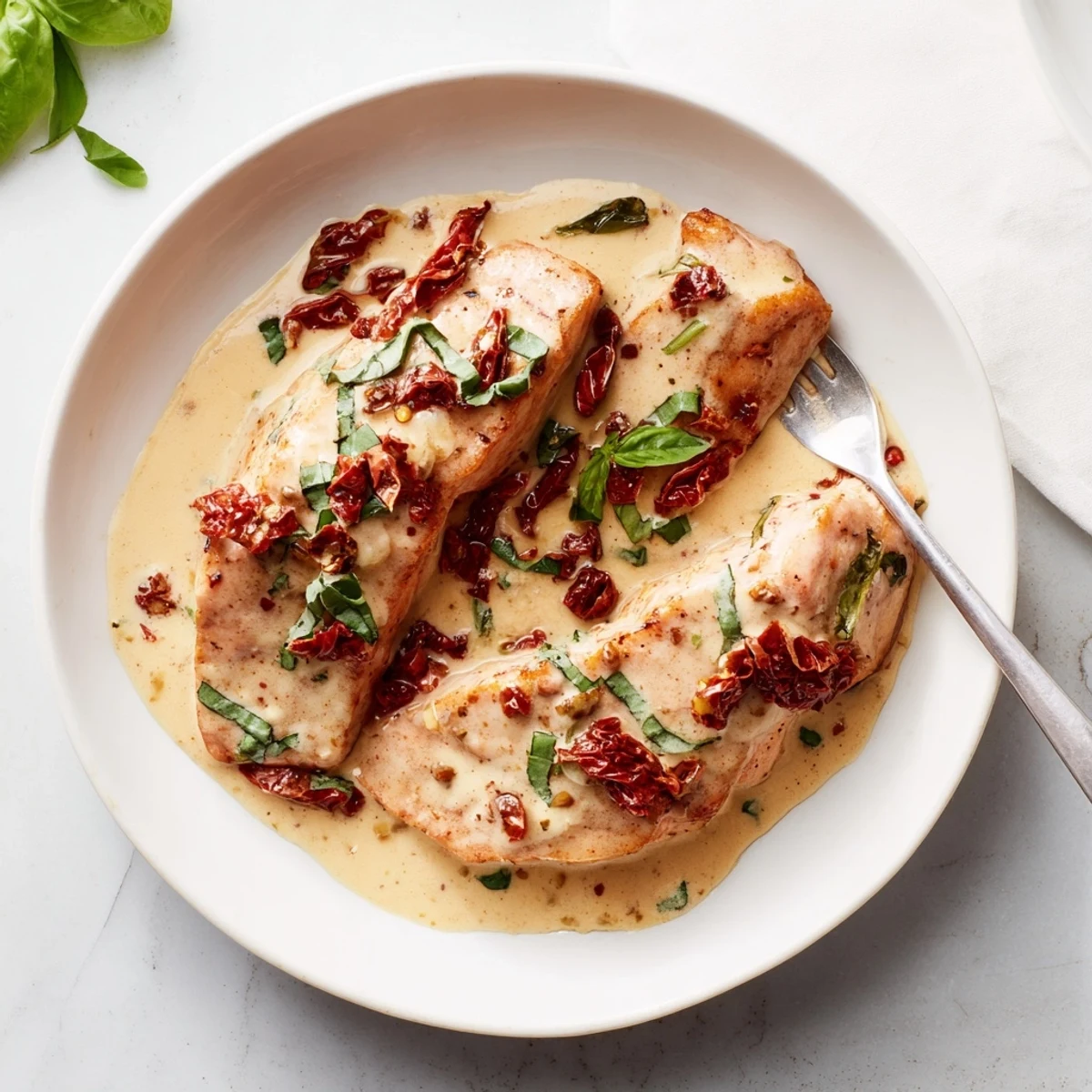 Golden pan-seared salmon fillets draped in creamy garlic Parmesan sauce with sun-dried tomatoes