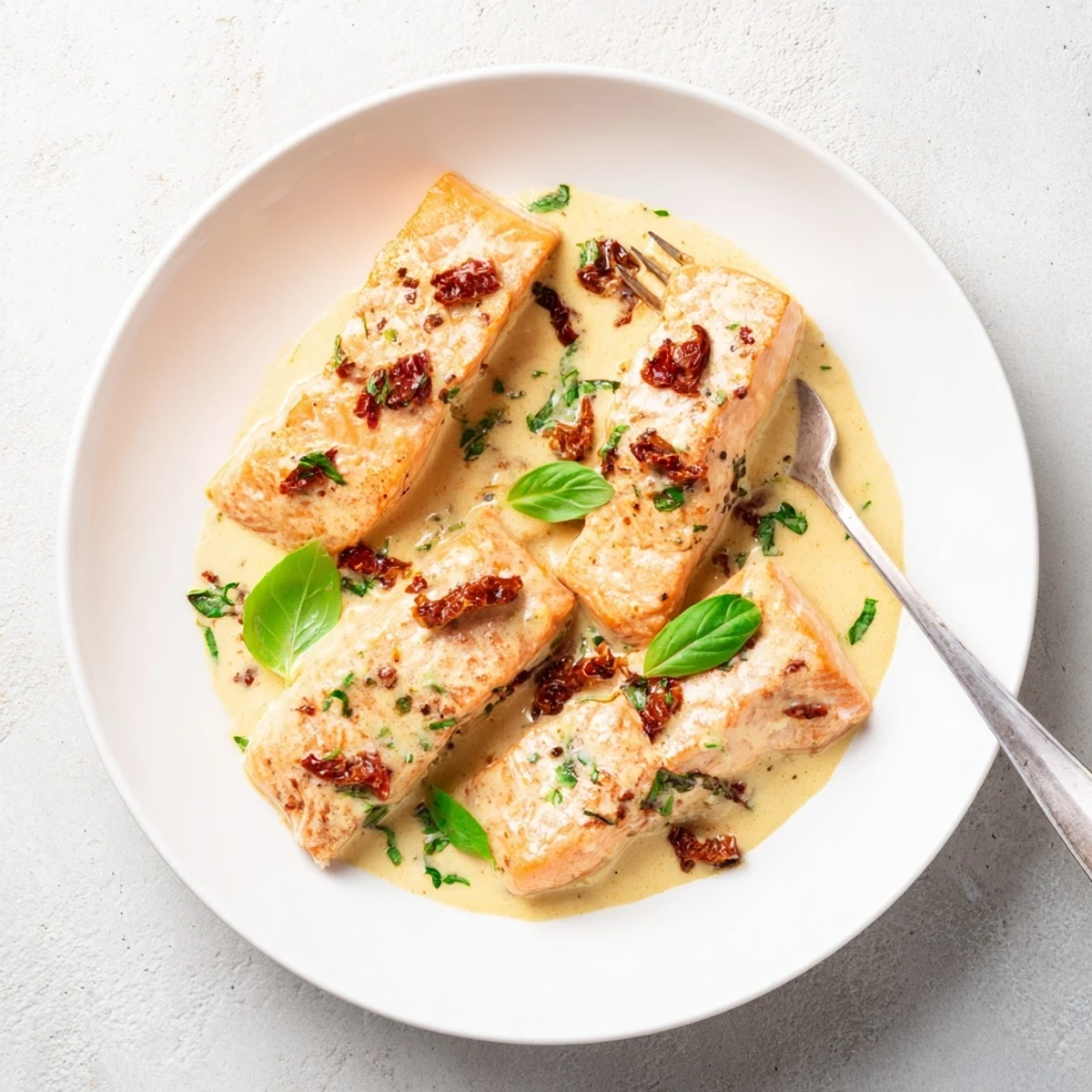 Marry Me Salmon served over white rice topped with rich herb cream sauce and fresh basil