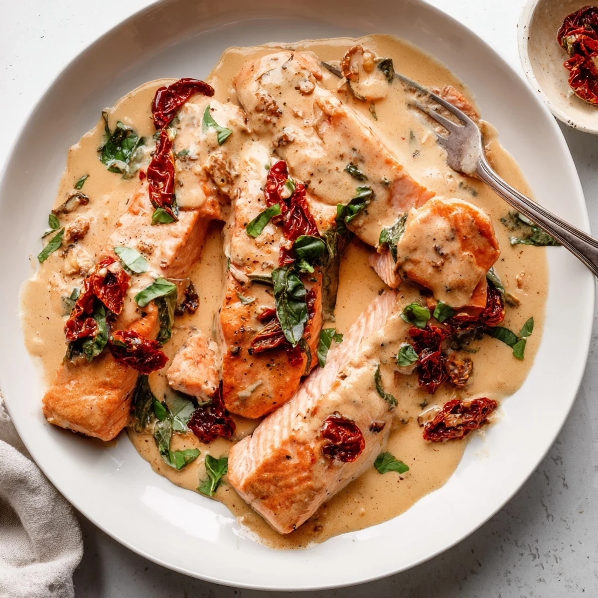 Flaky salmon swimming in velvety tomato cream sauce garnished with parsley and red pepper flakes