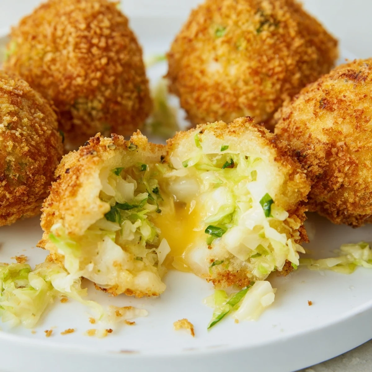 Crispy fried potato and cabbage balls featuring melted cheddar cheese center on white plate