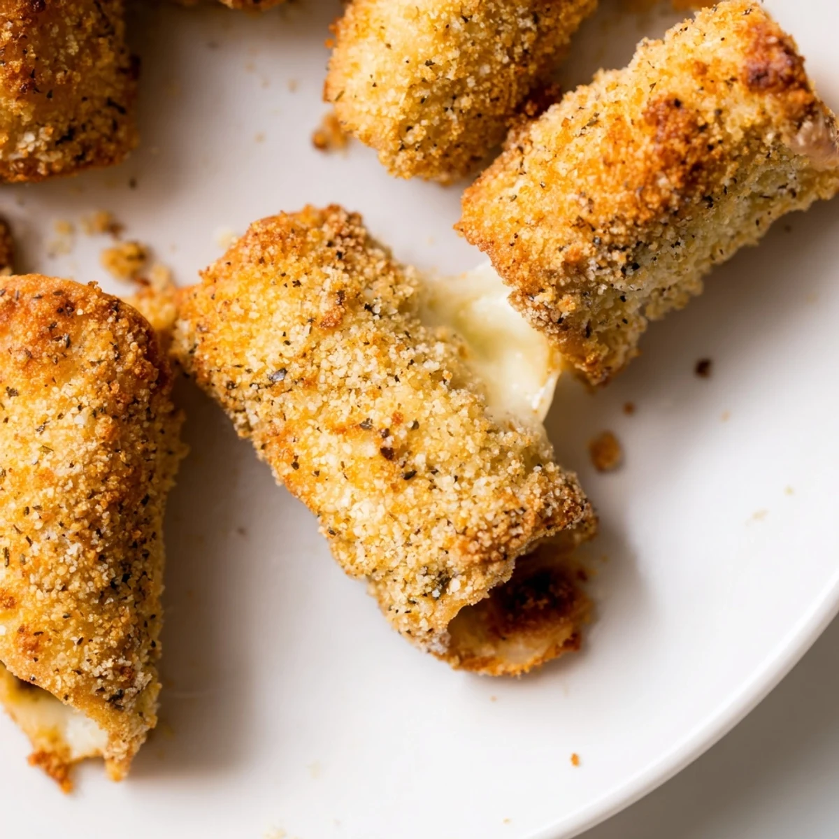 Breaded crispy cheesy roll ups fried to golden perfection with visible melted cheese