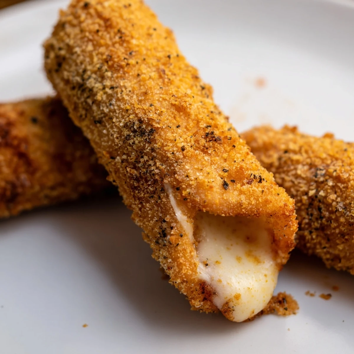 Golden crispy cheesy roll ups with melty mozzarella center on white plate