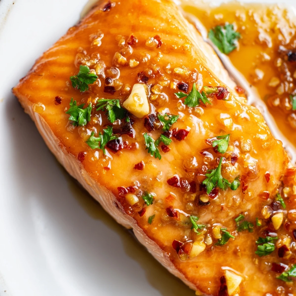 Golden pan-seared honey garlic glazed salmon fillets drizzled with sticky savory glaze and fresh parsley