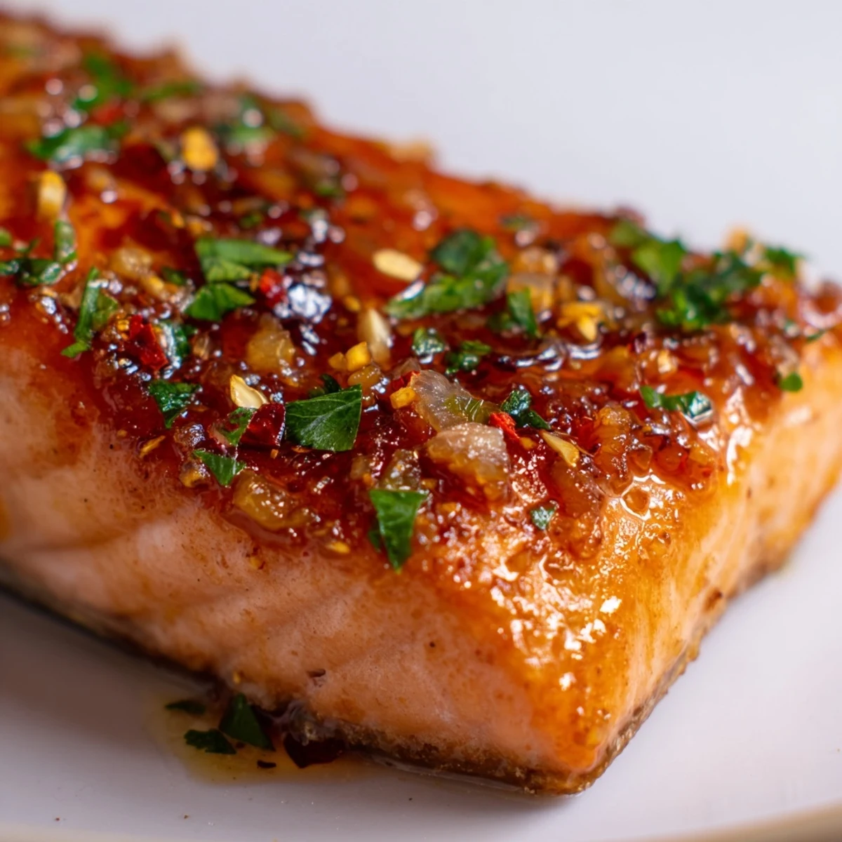 Succulent honey garlic glazed salmon with caramelized edges served with lemon wedges on white plate