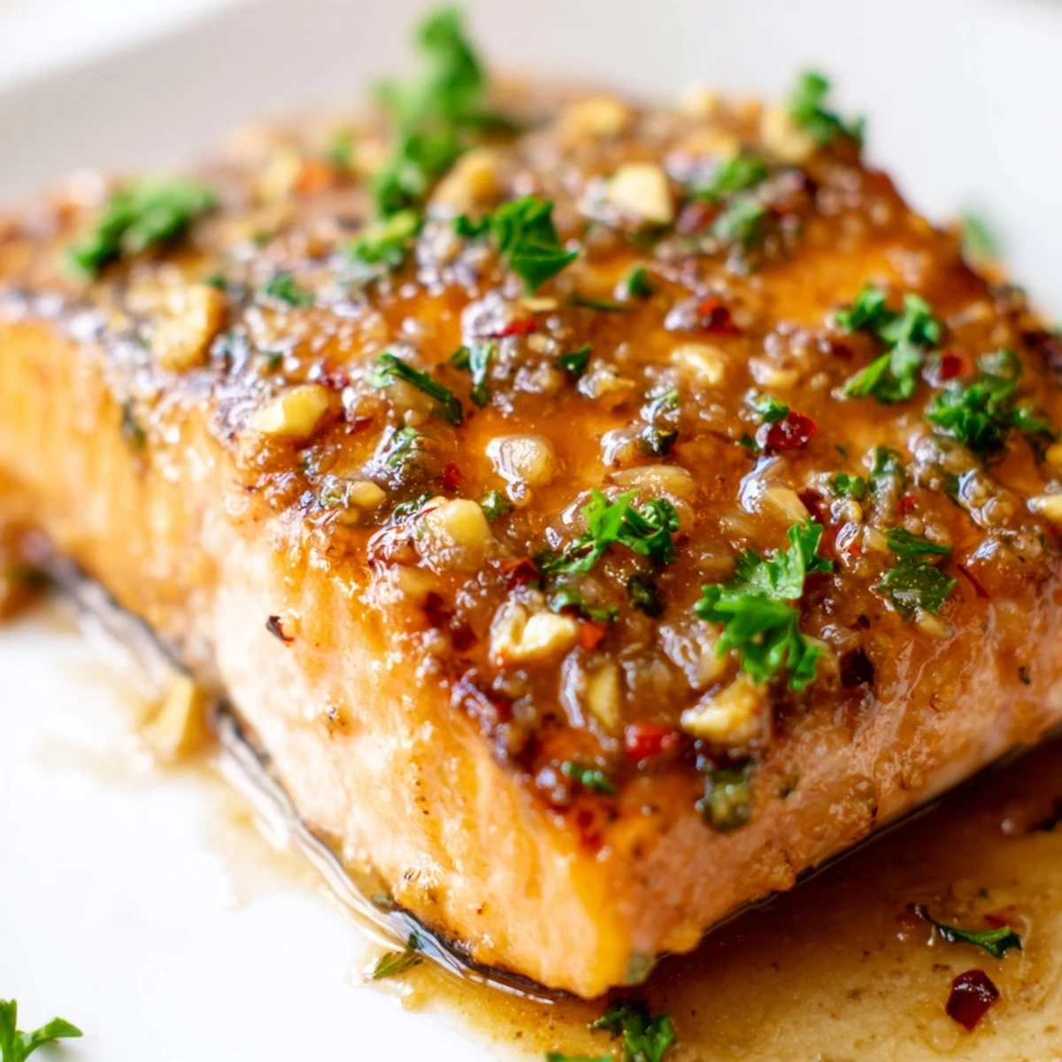 Honey garlic glazed salmon topped with chopped parsley displaying thick glossy coating and golden crust