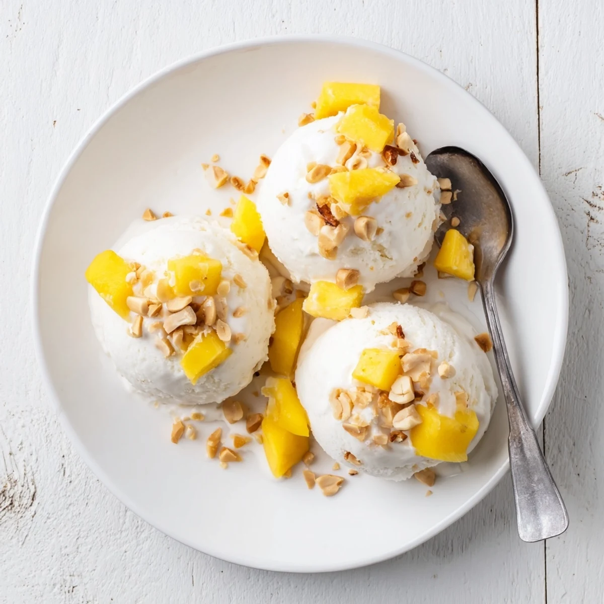 Rich homemade Thai coconut milk ice cream topped with roasted peanuts and fresh mango chunks