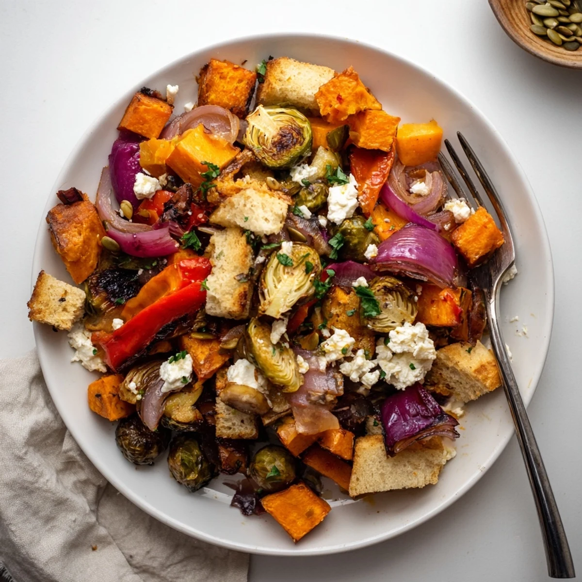 Golden roasted fall vegetables tossed with crispy bread cubes in a rustic wooden bowl