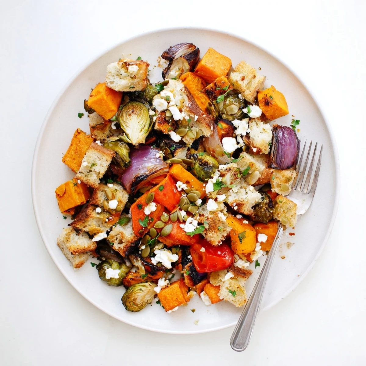 Hearty fall roasted vegetable panzanella salad with toasted sourdough and tangy vinaigrette dressing