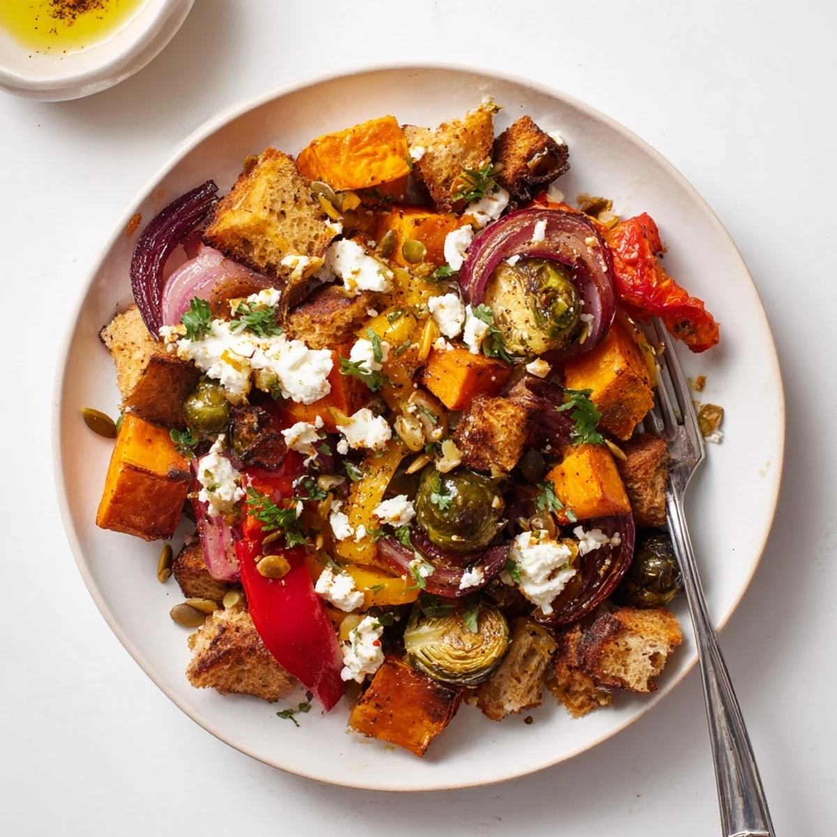 Colorful autumn vegetable panzanella topped with fresh parsley and crumbled feta cheese