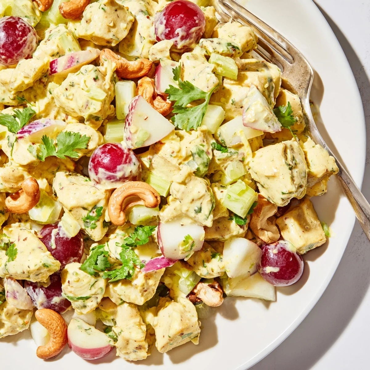 Golden curry chicken salad with grapes, apple, and toasted nuts in creamy dressing