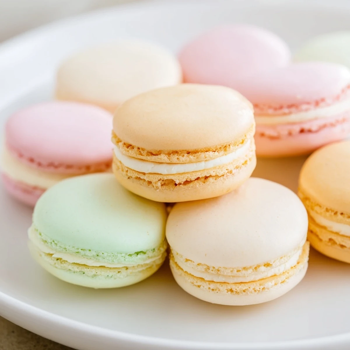 Colorful French macarons piped in neat rows on parchment paper before baking