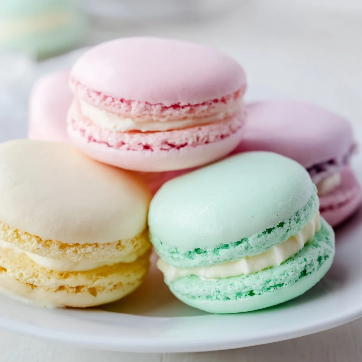 Delicate French macarons with smooth shells and ruffled feet cooling on baking sheet