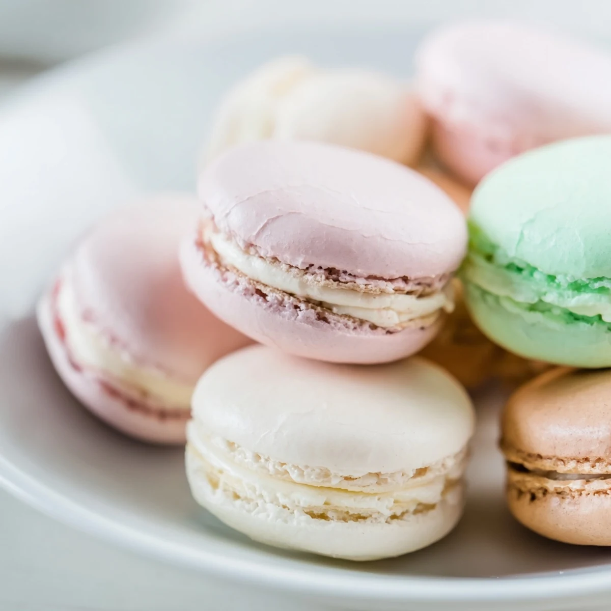 Golden French macarons sandwiched with vanilla buttercream filling on a white plate