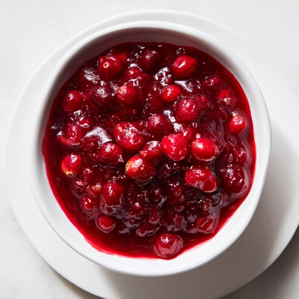 Glistening ruby red homemade cranberry sauce with whole berries in a white serving bowl