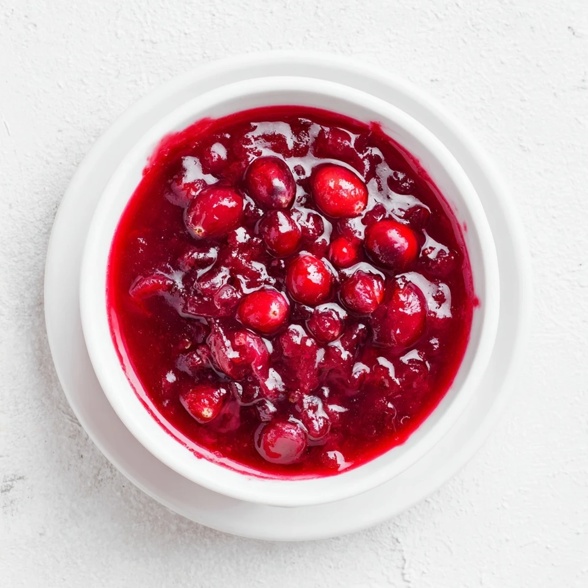 Rich homemade cranberry sauce ladled into decorative glass dish for Thanksgiving holiday table