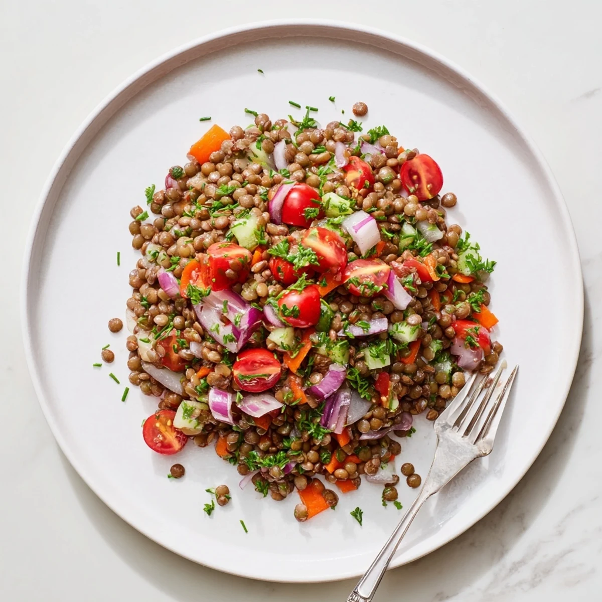 Vibrant bowl of French lentil salad featuring crisp produce and zesty mustard dressing