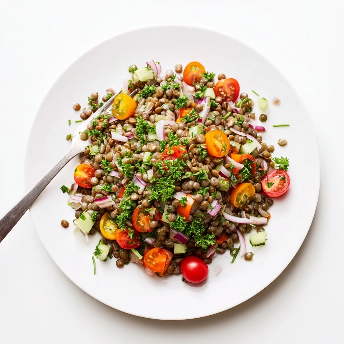 Golden French lentil salad tossed with colorful vegetables in a tangy Dijon vinaigrette